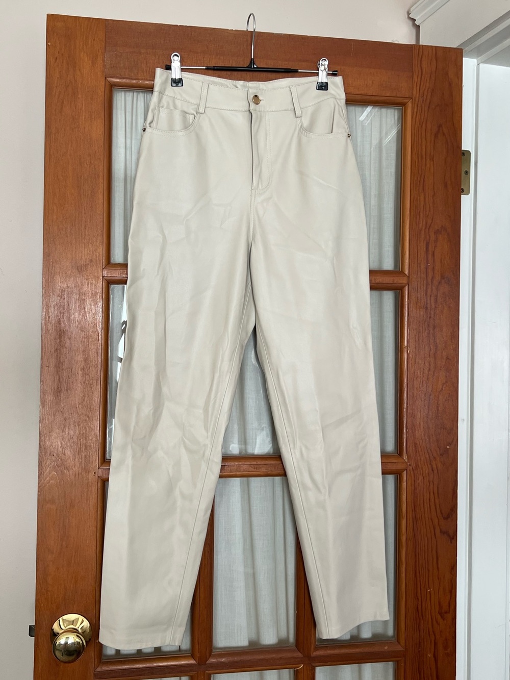 Cream Faux Leather High-Waist Straight Leg Pants